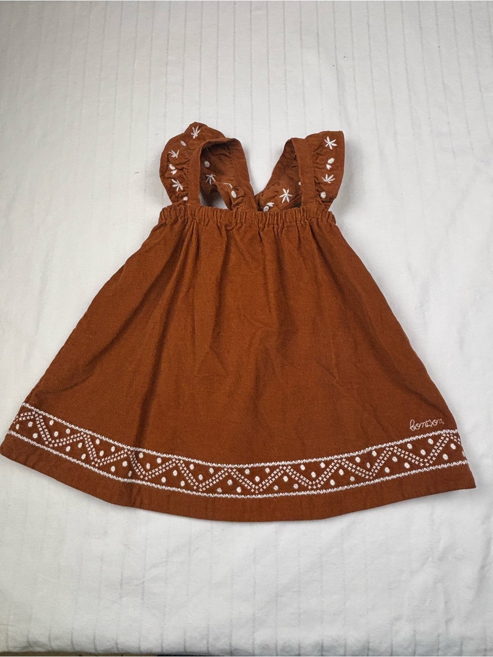 Bonton Girls' 12 month Rust Embroidered dress with White Trim